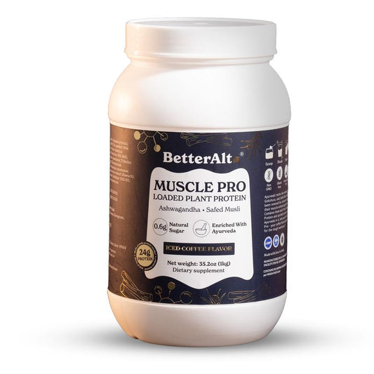 Betteralt Muscle Pro Pea Protein Isolate | Ashwagandha & Safed Musli | Iced Coffee Flavor | Supports Muscle Recovery | 24G Protein | 1-Month Pack