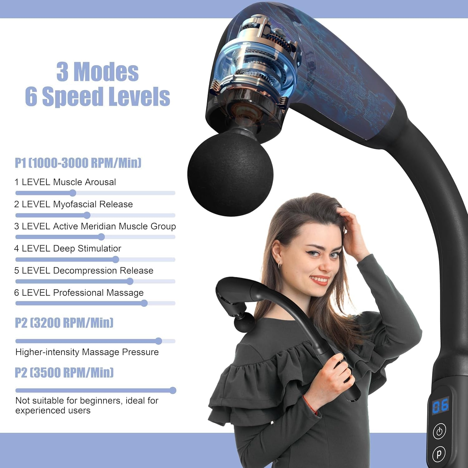 Professional Smart Bent-Head Massage Gun | Deep Tissue Massager for Athletes & Full-Body Relaxation 6 Adjustable Speeds | 4 Interchangeable Heads | Aussie-Friendly Design | Ideal for Muscle Recovery & Pain Relief