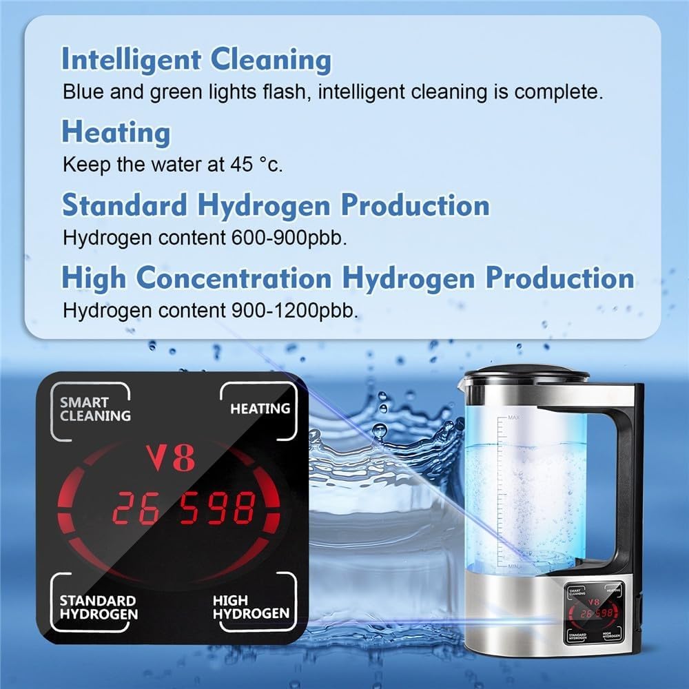 Hydrogen Water Maker, 2L Hydrogen-Rich Water Ion Generator Kettle, Water Ionizer Bottle Filter Drink Glass Health Cup with LED Screen and Thermostat Function