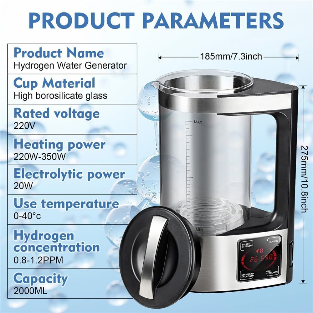 Hydrogen Water Maker, 2L Hydrogen-Rich Water Ion Generator Kettle, Water Ionizer Bottle Filter Drink Glass Health Cup with LED Screen and Thermostat Function