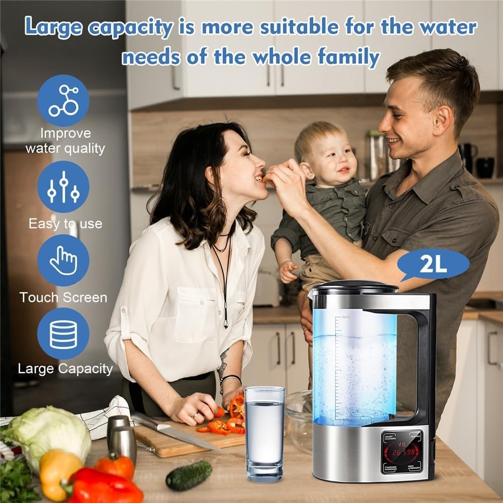 Hydrogen Water Maker, 2L Hydrogen-Rich Water Ion Generator Kettle, Water Ionizer Bottle Filter Drink Glass Health Cup with LED Screen and Thermostat Function