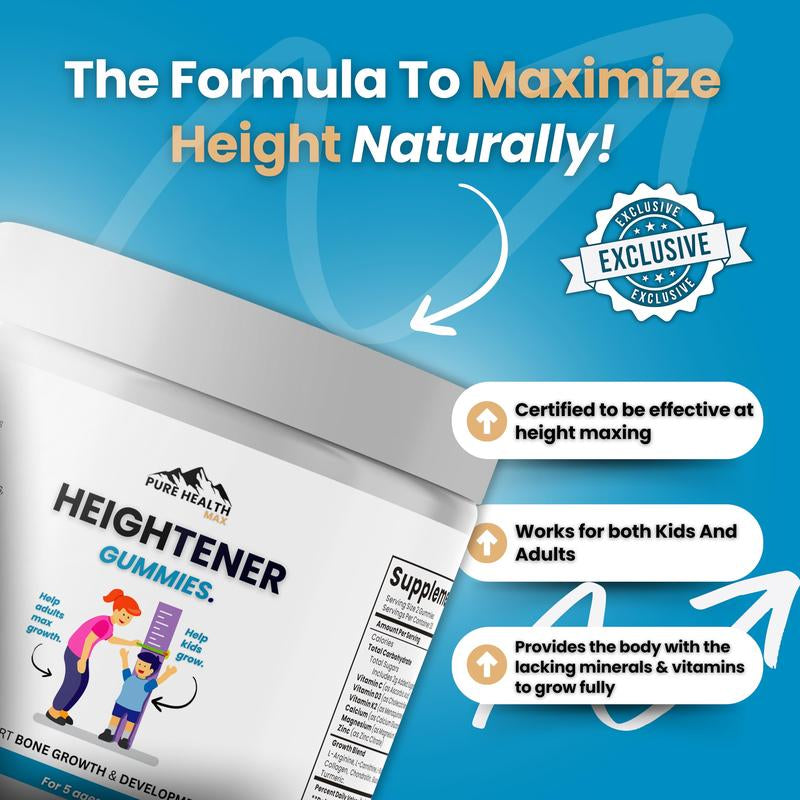 Pure Health MAX Heightener Gummies - Natural Height Growth Supplement with L-Arginine Calcium & Zinc for Kids Teens Adults 60 Gummy Bears - Healthcare