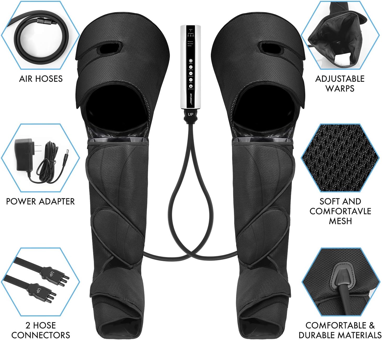 Leg Massager for Circulation and Pain Relief, Air Compression Foot Calf Thigh Massage, Full Leg Massager 3 Modes 3 Intensities 2 Extenders