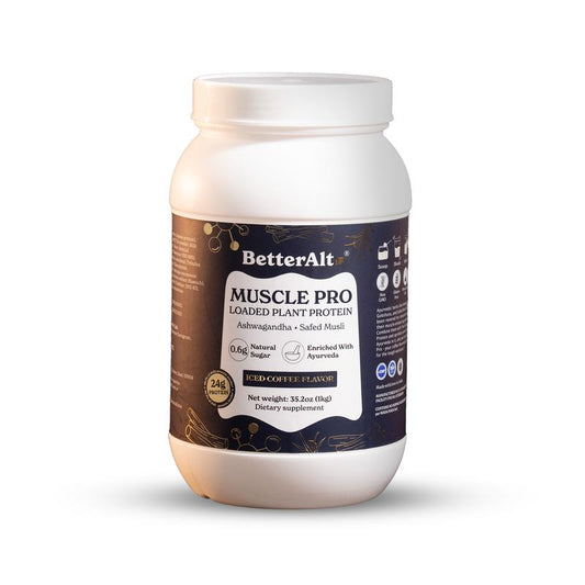 Betteralt Muscle Pro Pea Protein Isolate | Ashwagandha & Safed Musli | Iced Coffee Flavor | Supports Muscle Recovery | 24G Protein | 1-Month Pack