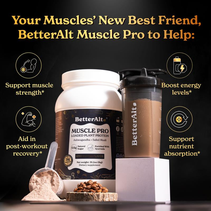 Betteralt Muscle Pro Pea Protein Isolate | Ashwagandha & Safed Musli | Iced Coffee Flavor | Supports Muscle Recovery | 24G Protein | 1-Month Pack