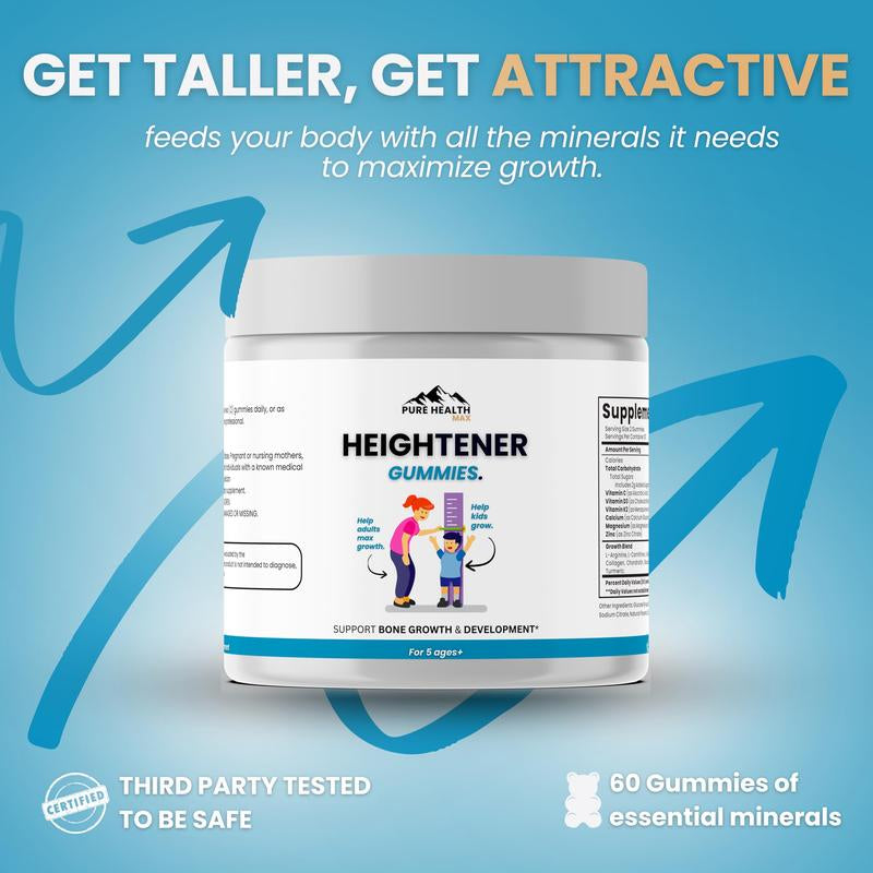 Pure Health MAX Heightener Gummies - Natural Height Growth Supplement with L-Arginine Calcium & Zinc for Kids Teens Adults 60 Gummy Bears - Healthcare